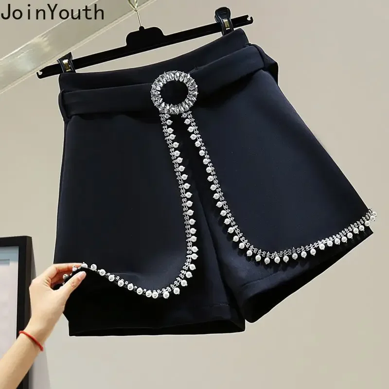 Temperament Shorts for Women 2024 New Bottoms High Waist Heavy Diamond Wide Leg Pants Summer Chic Pantalones Cortos De Mujer