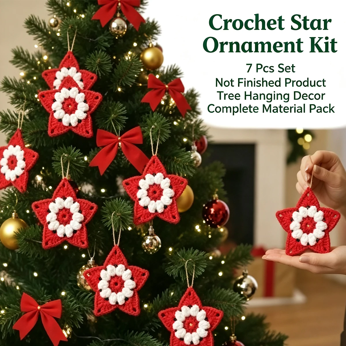 7-Piece Christmas Star Ornament Crochet DIY Kit. Not a Finished Product, but a Set of Materials That Can Make Seven Finished Products. Beginner-Friendly Yarn Knitting Set. Includes a Full Set of Yarn and Crochet Tools. Comes with an English Video Tutorial. Easy for Beginners to Get Started. a Soothing and Stress-Relieving Handmade Item. Classic Red and White Christmas Color Scheme with Three-Dimensional Star Crochet Texture. Can Be Hung on Christmas Trees, Doors, and Walls to Create a Festive Atmosphere. Ideal for Interactive Handmade Activities