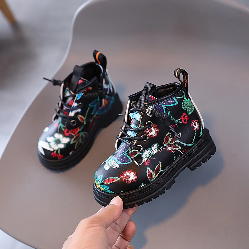 Toddler Kids Martin Boots Flower Graffiti Autumn Fashion Children Short Boot 21-30 Round Toe Comfy Pu Leather Boys Girls Shoes