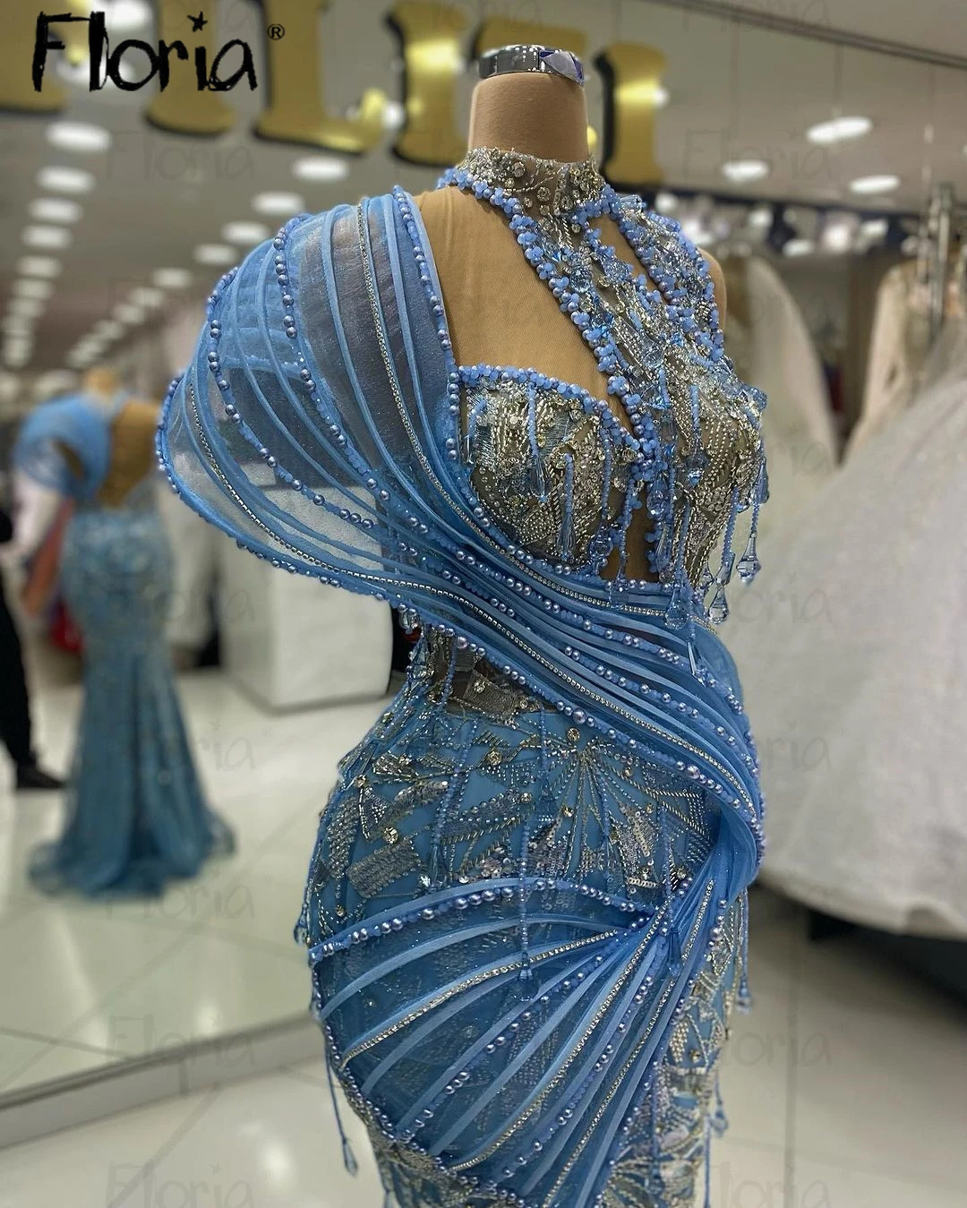 Elegant Blue Party Dresses 2024 Rhinestone Beautiful Pleated Holiday Dress For Prom Couture Bridal Gowns Female Dresses Arabic