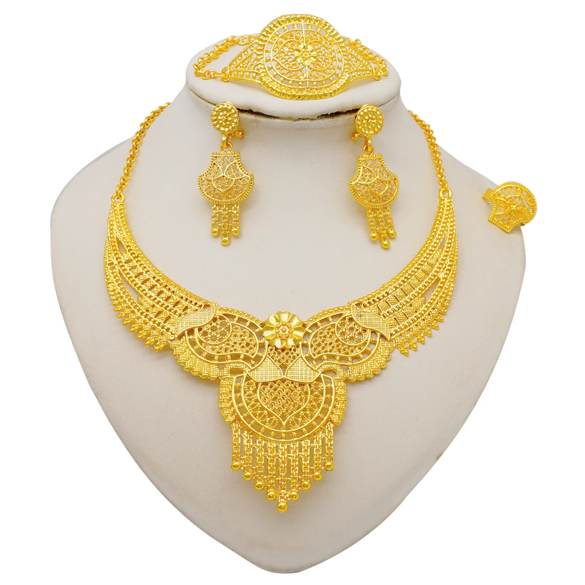 

Dubai Gold Color Jewelry Sets For Women Indian Earring Bracelet Necklace Nigeria Bridal Wedding Party Gifts