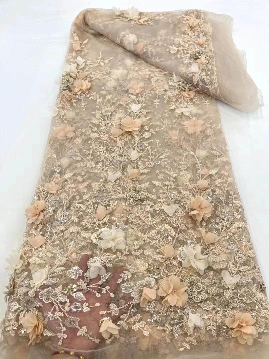 Lujoso modelo de alta gama, exquisito y resistente, con cuentas de lentejuelas y flores de tul francés Nigeriano para vestidos