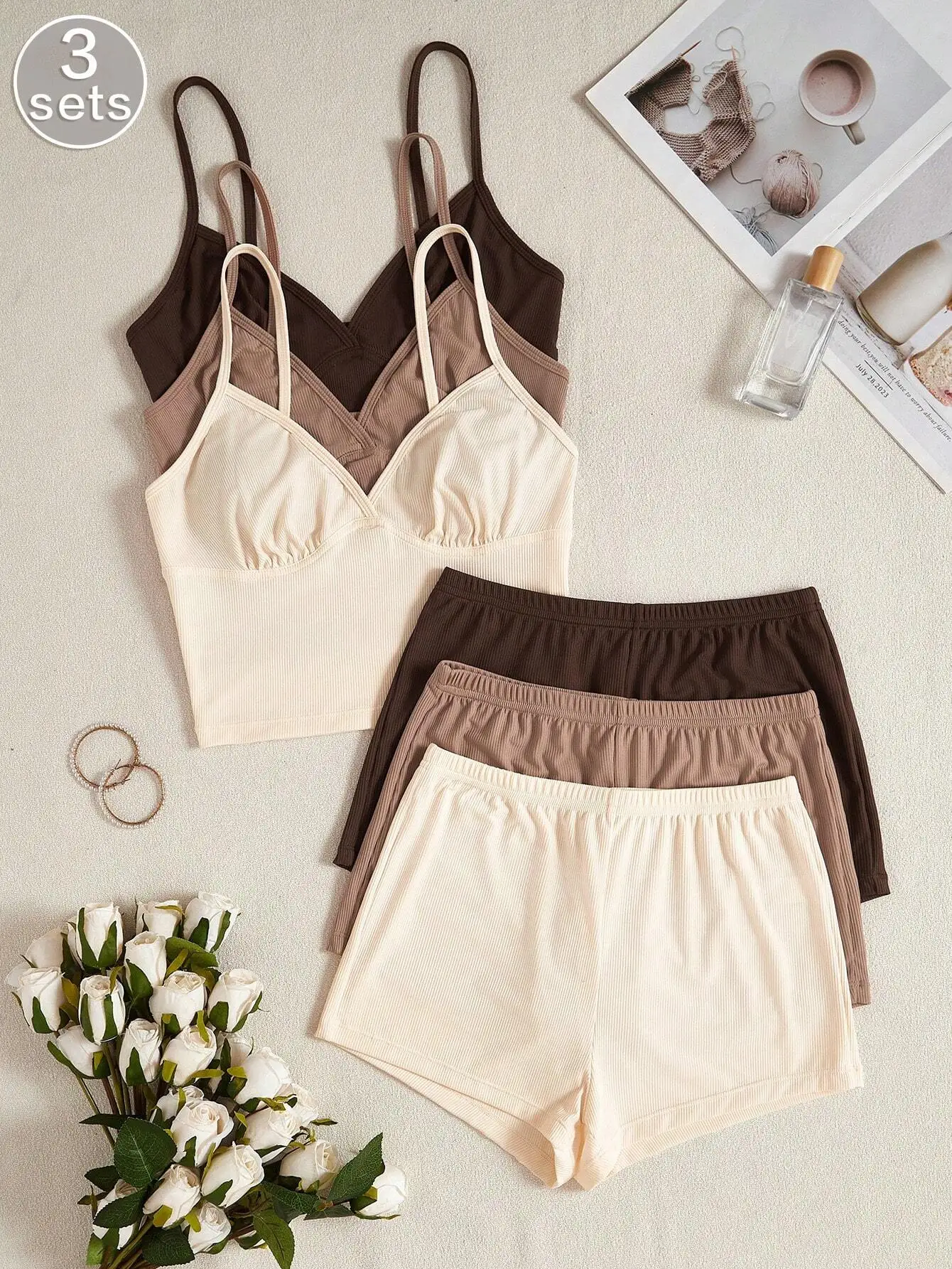 

6pcs Women Solid Color Spaghetti Strap Top And Shorts Pajama Set