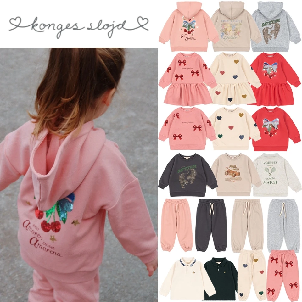 

Konges Slojd New Autumn Baby Girls Sequin Hooded Jackets Pants Sets Winter Kids Clothes Boys Cotton Cartoon Sweatshirts Trousers