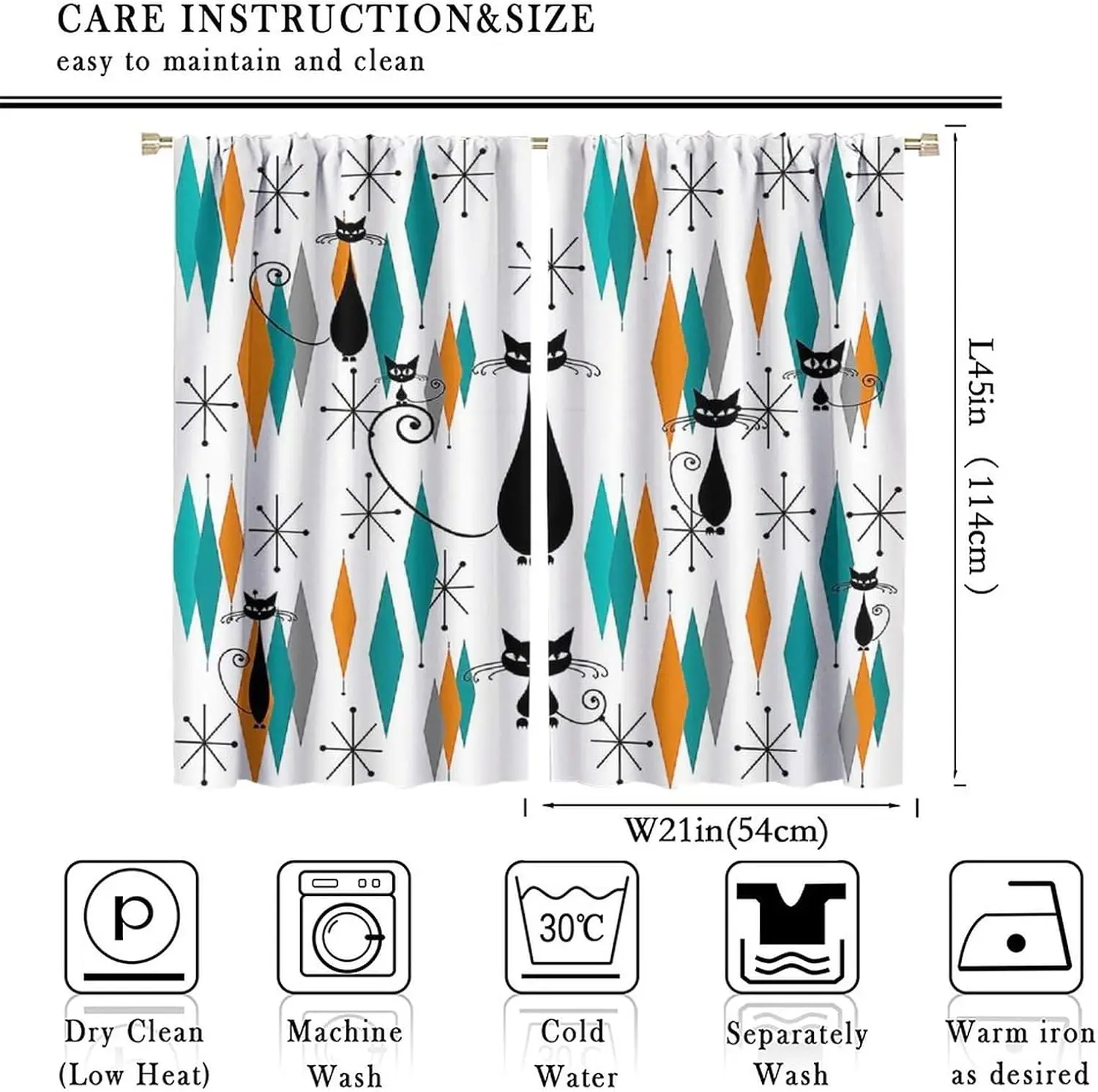 Cute Cat Geometric Curtain Pair Modern Window Panels Home Decor Curtains Set 2pcs Abstract Print for Living Room Bedroom Style