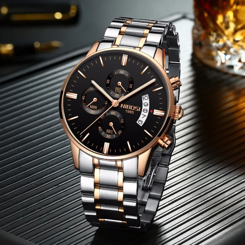 NIBOSI Rose Gold Men Watch Luxury Top Brand Men's Watches Fashion Military Quartz Wristwatch Clock Male Sport Relogio Masculino