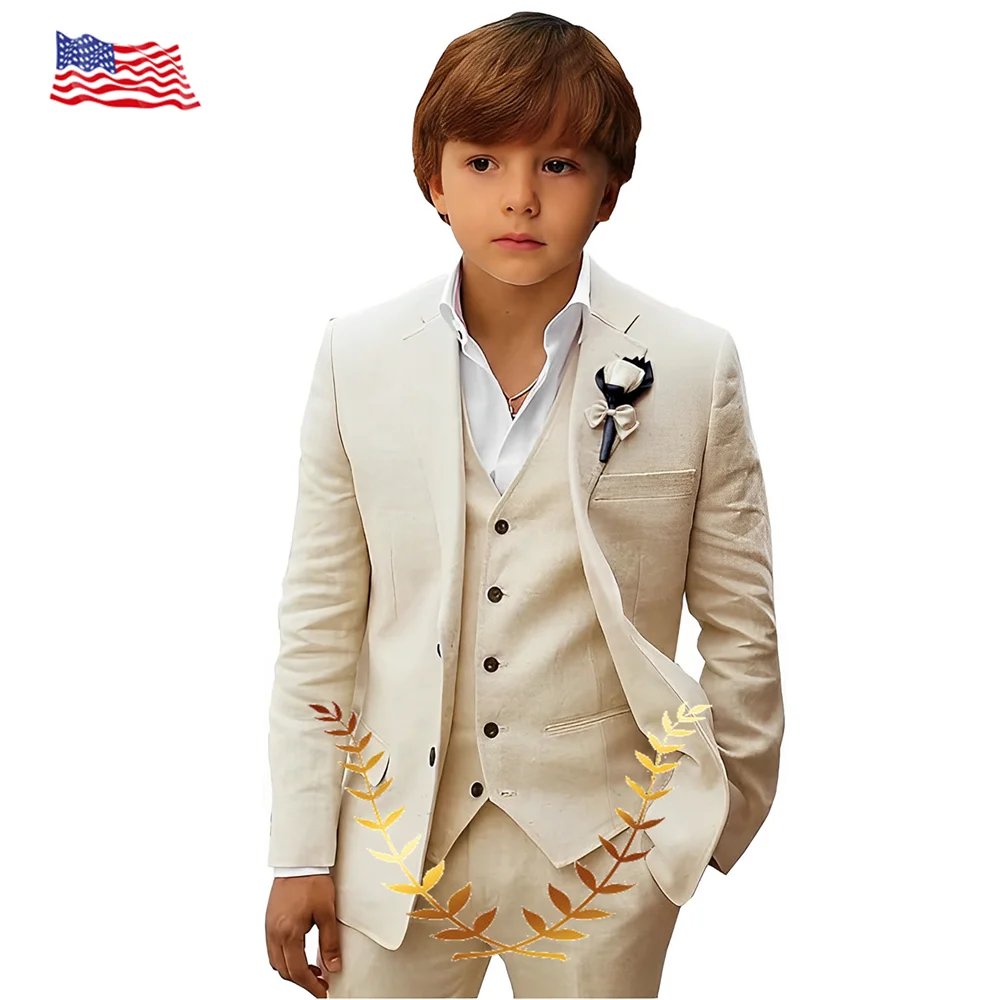 

Linen Boys Suit Jacket Pants Vest 3 Piece Set Wedding Tuxedo Slim Handsome Kids Summer Blazer Youth Stage Outfit