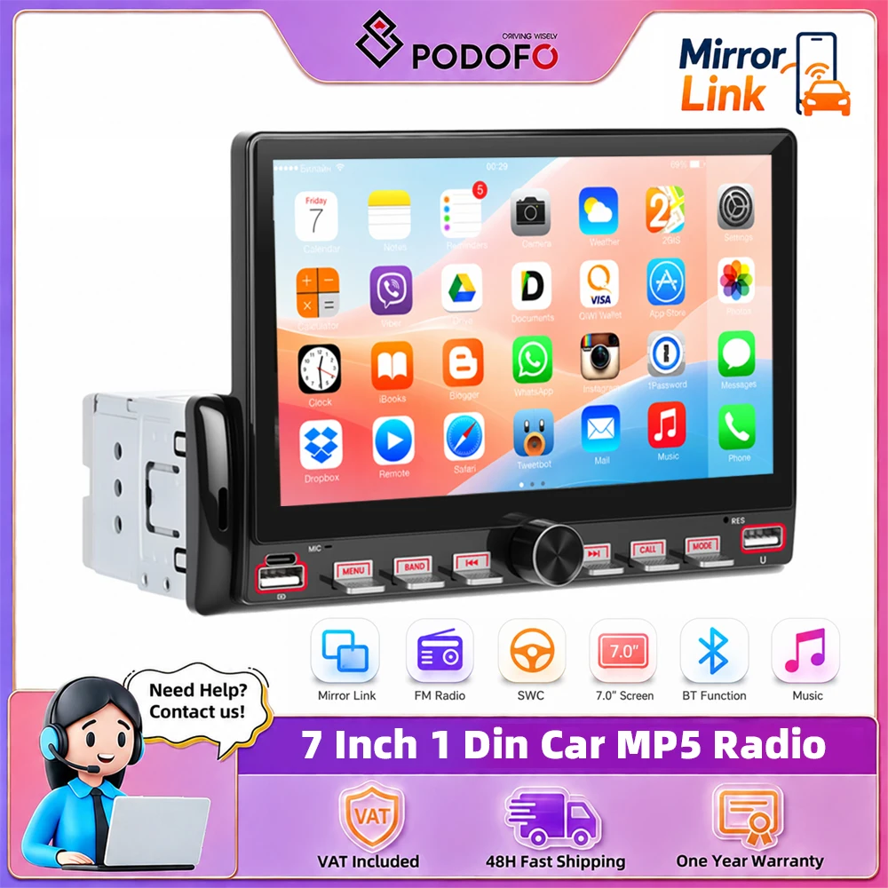 Podofo Lecteur MP5 1 Din 7 pouces pour voiture, système intelligent de voiture, autoradio Mirrorlink, écran tactile, lecteur multimédia GPS WIFI FM BT, autoradio avec prise en charge de la caméra de recul