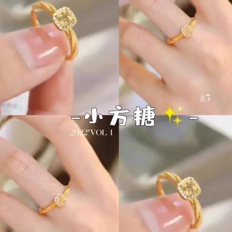 Fashion Small Sugar Cube Yellow Zircon Ring Women Adjustable