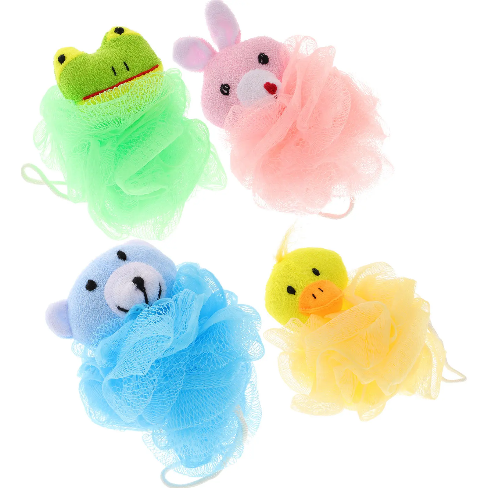 

4Pcs Cartoon Animal Shower Ball Mesh Bath Sponge Soft Exfoliating Body Scrubber Hanging Rope Frog Pink Rabbit Blue Bear