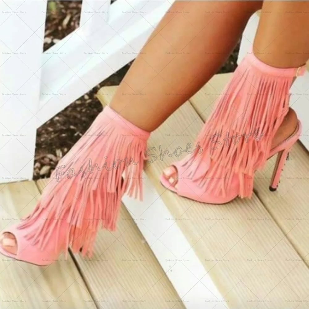 

Pink Peep Toe Tassel Decor Sandals Boots Stilettos High Heels High Heel Shoes for Women Sexy Heels 2025 New Zapatos Para Mujere