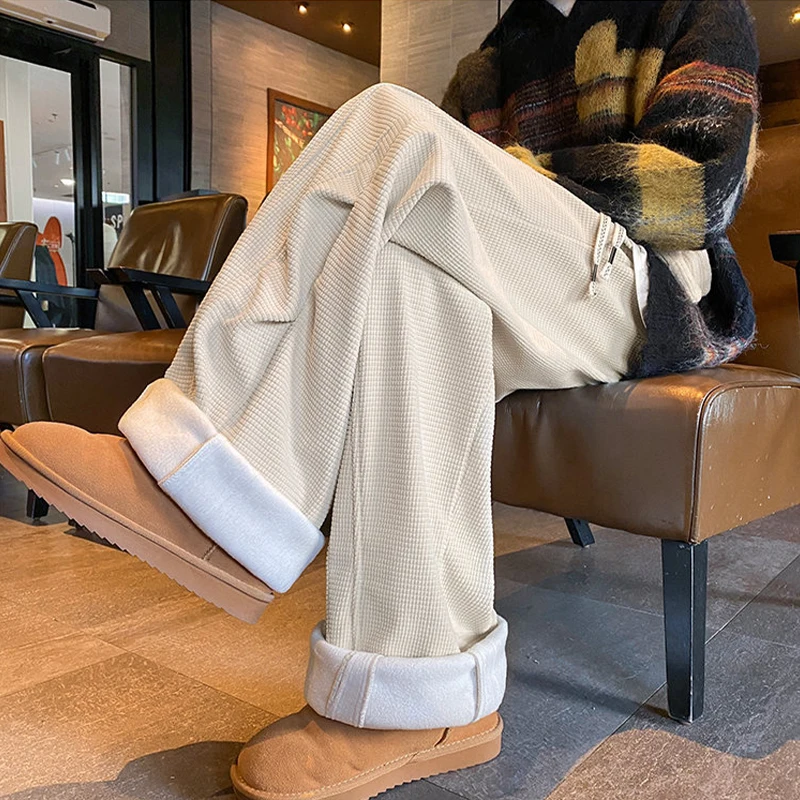 

Outdoor Men's Thiened Fce Casual Pants Winter Warm Straight Leg Sweatpants Trendy Spor Trousers for Youth And Middle-Aged