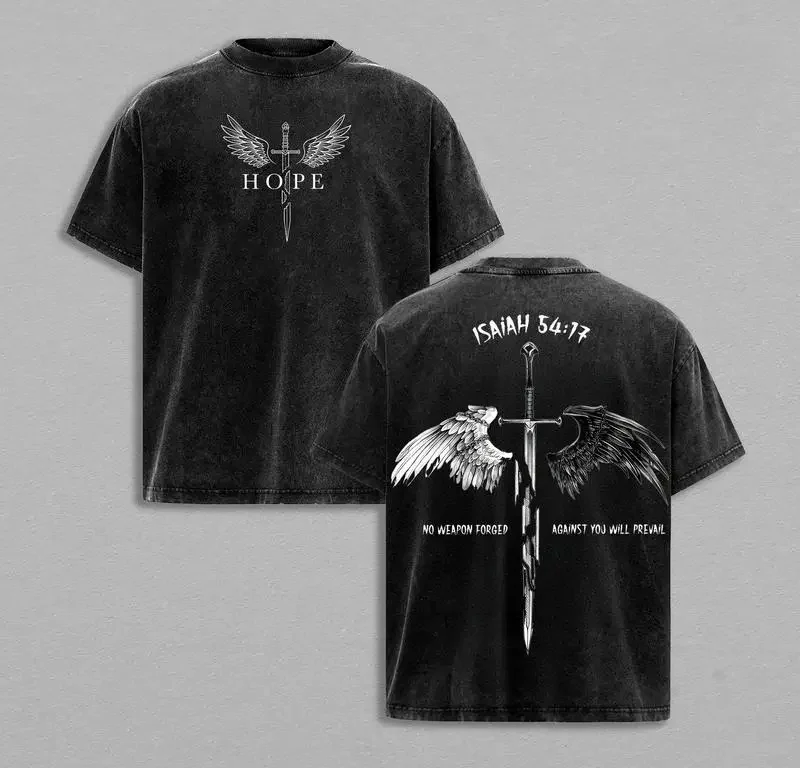 

Valentine Shirts Isaiah 54:17 Bible Verse T-Shirt Washed , No Formed Christian Shirt, Sword and Angel Wings Faith Streetw
