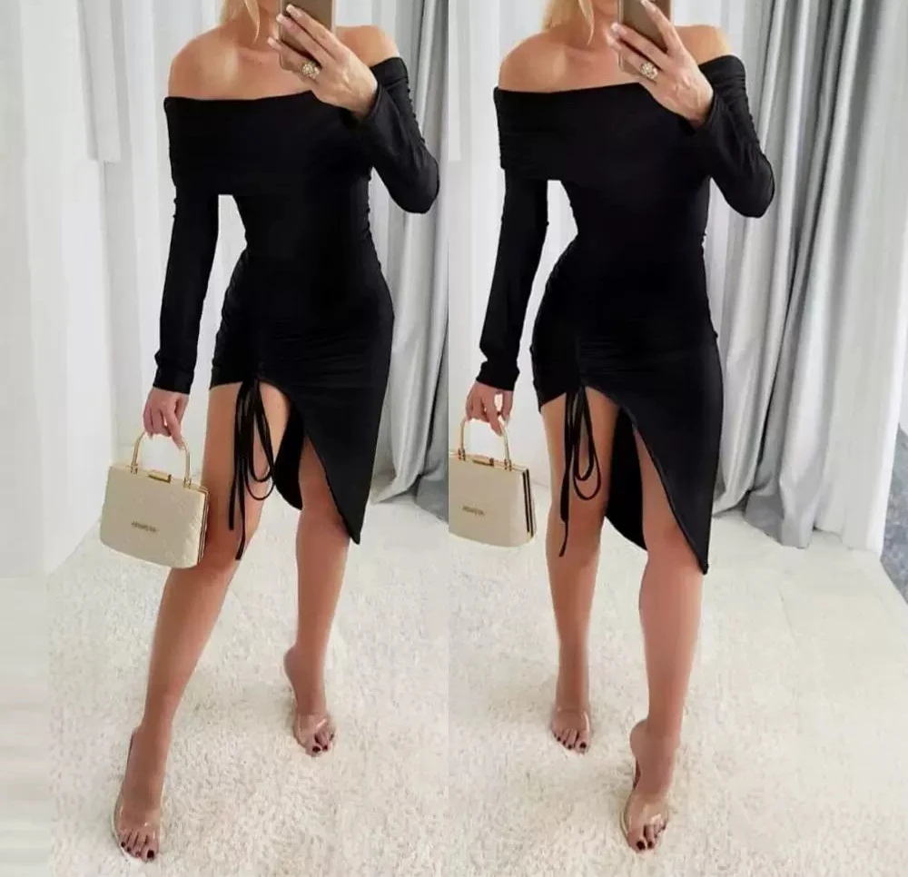 Bodycon Dress Woman Evening Party Sexy Elegant 2024 Autumn Off Shoulder Long Sleeve Side Drawstring Asymmetrical Hem Dresses