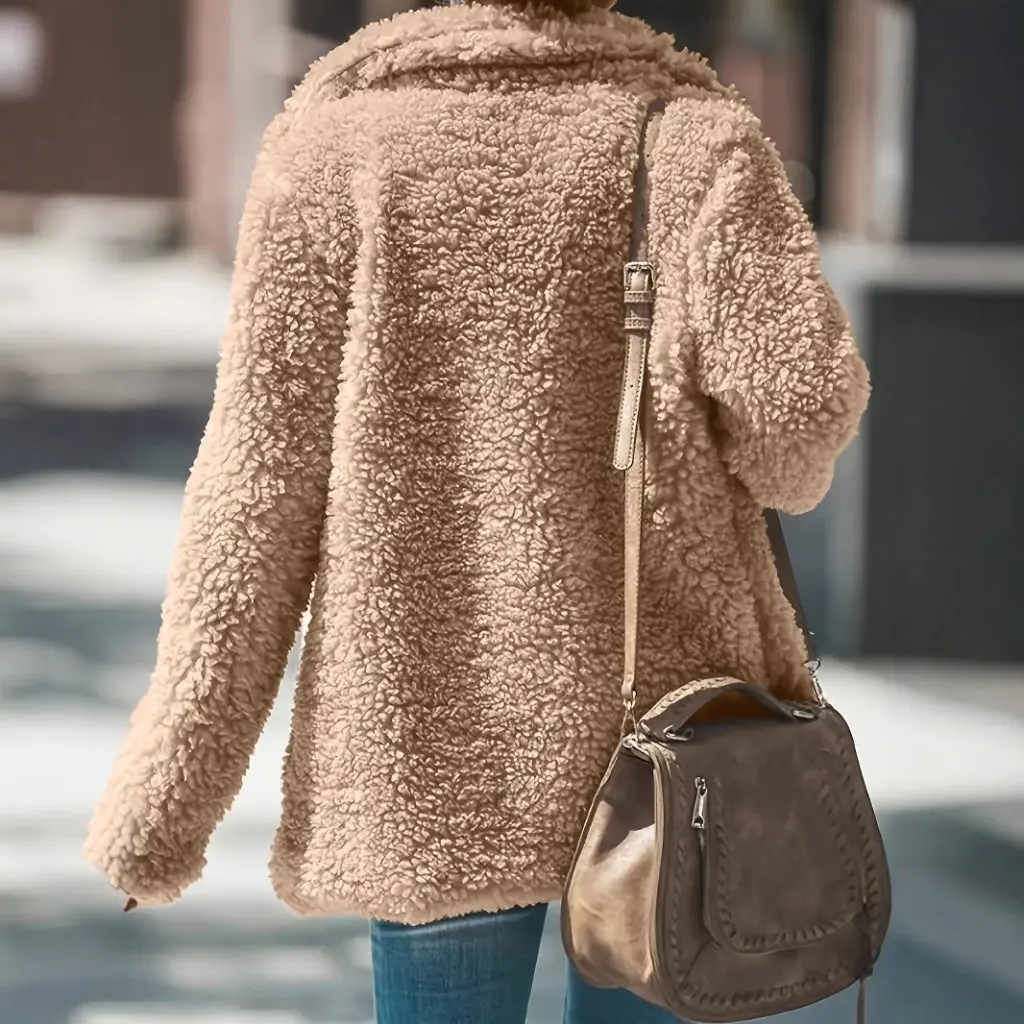 

Women's European American Plush Fashion Long Sleeve Cardigan Warm Autumn Winter Loose Lambswool Solid Color Lapel Coat