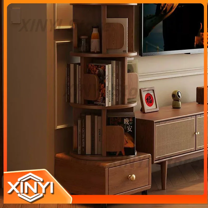 Rotating Vertical Bookshelf for Study Room Solid Wood Multi-Tier Retro Mobile Storage Shelf Vintage Cabinet Space Saving