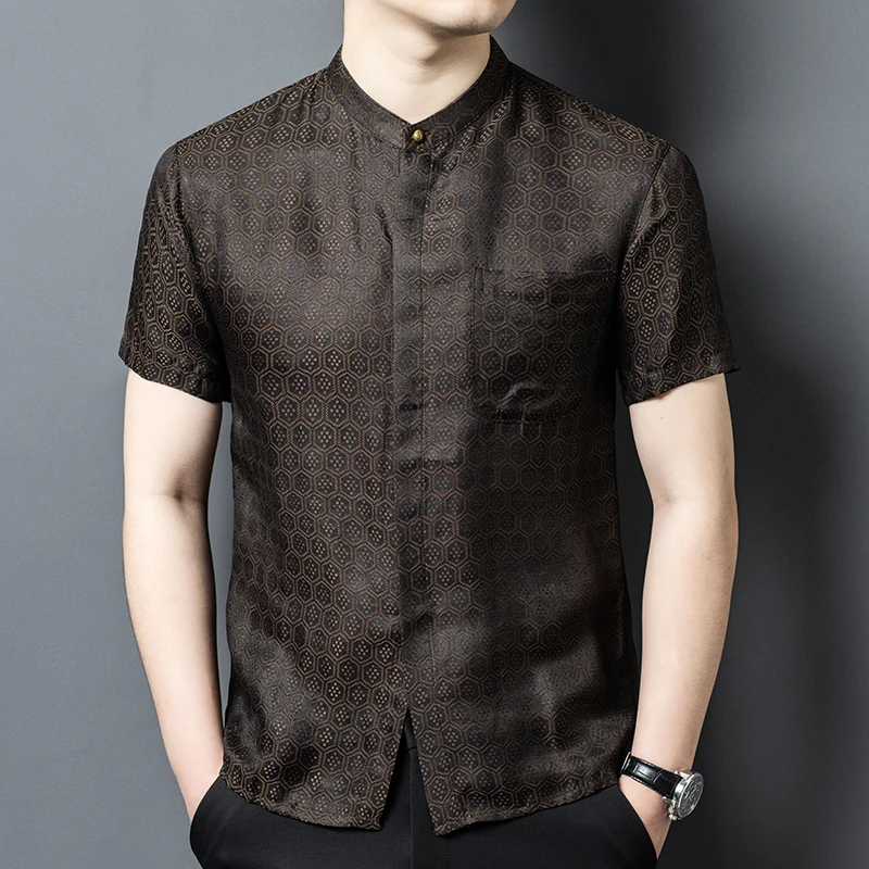 

Luxurious Tang Costume Frog Shirts For Men Short Sleeve Loose Fit Summer Quality Silk Viscose Chinese Style Pocket Chemise Homme