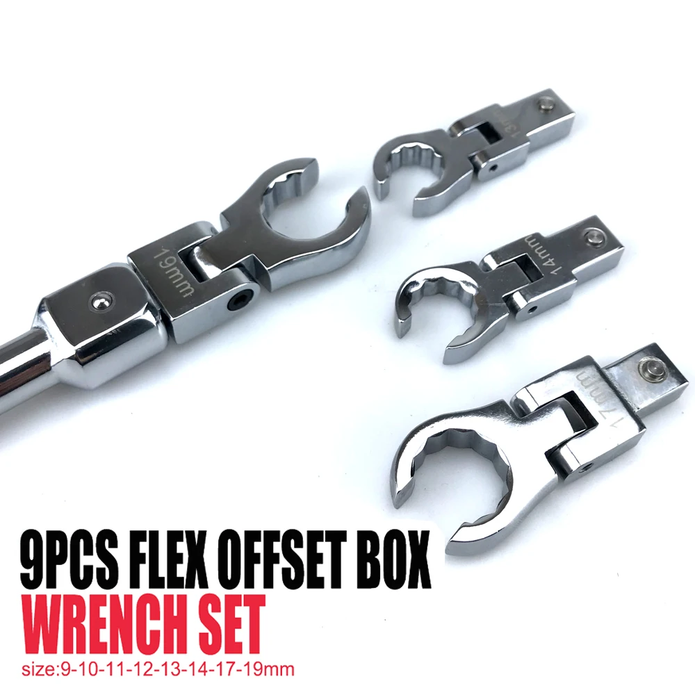 9 Pcs Flex Offset Box Wrench Set Replaceable Head Trox Adjusttable Multifunction Wrench Handle Tools