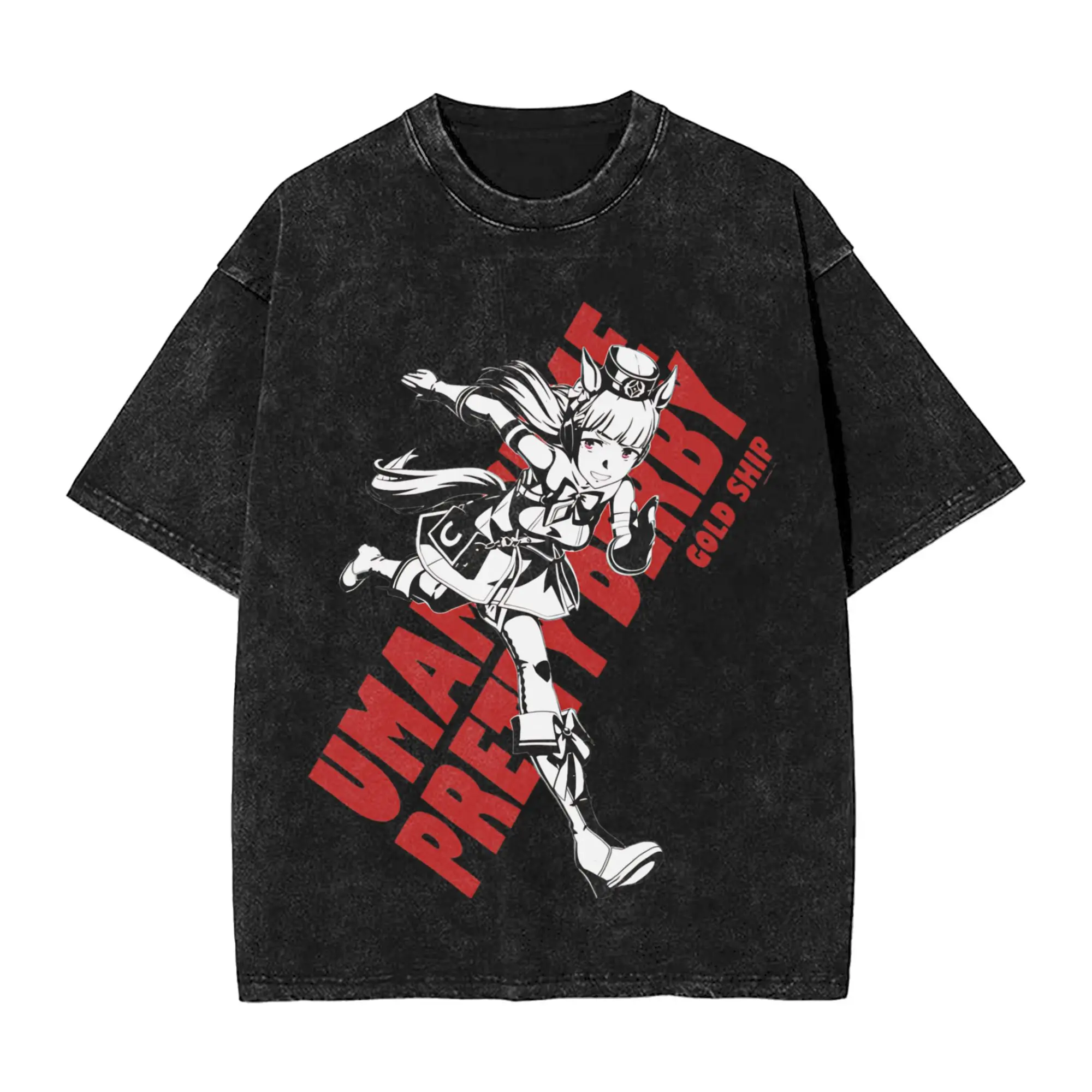 غسلها تي شيرت Uma Musume جميلة ديربي الذهب السفينة أنيمي الهيب هوب تي شيرت غير رسمي كبير الحجم الشارع الشهير ملابس علوية من القطن المحملة للرجال والنساء