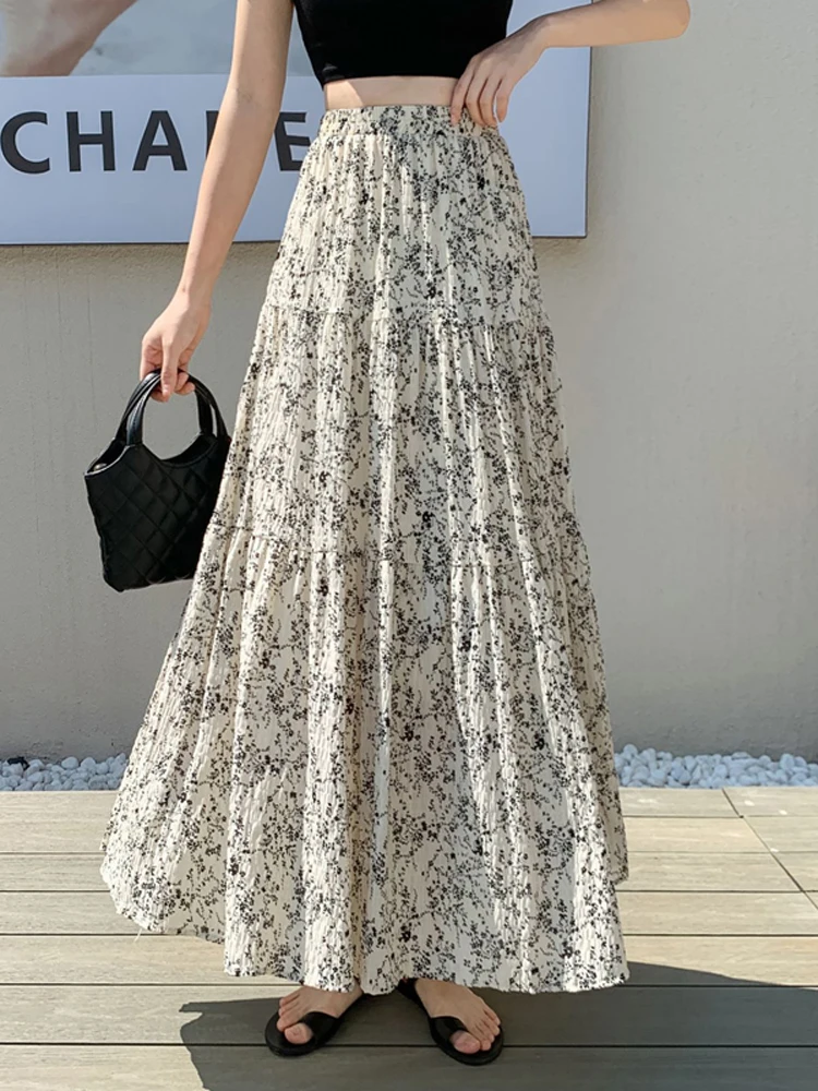 

French chiffon floral skirt women's summer high waist drape thin pleated skirt medium and long A-shaped pendulum umbrella skirt