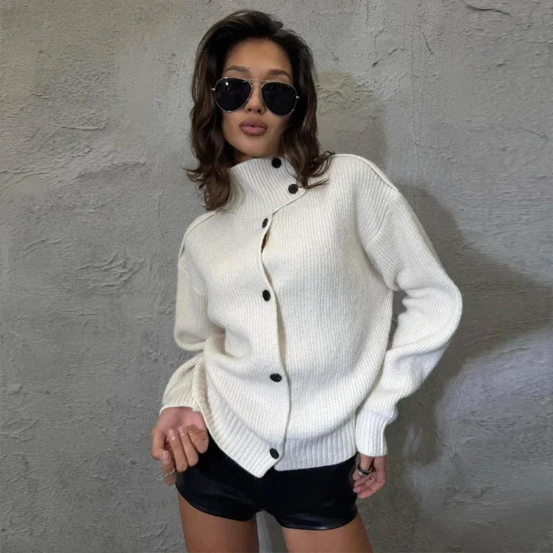 Women's Cardigan Stand Collar Long Sleeve Knitted Oversized Coats Autumn Lady Single Breasted Solid Loose Knitwear New Partywear