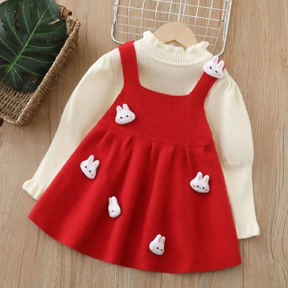 

Осенне-зимняя мода, искусственные двухсекционные повседневные платья для девочек с цветными блоками, платье-свитер с длинными рукавами и украшением в виде кролика