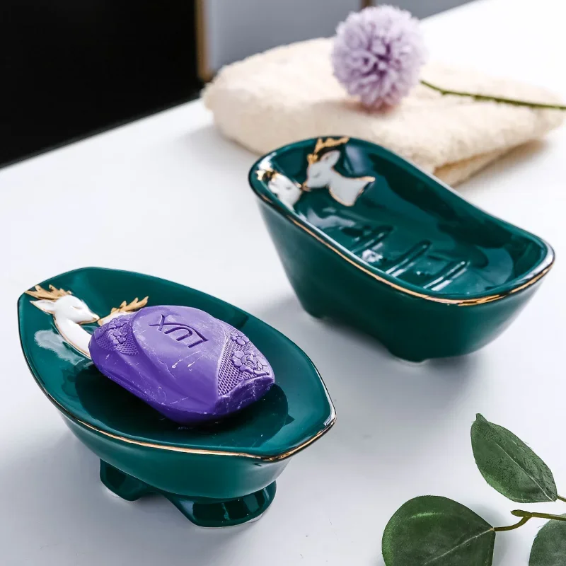 Light Luxury Drain Ceramics Soap Box Bathroom Waterproof Creative Soap Dish Soap Holder Container Bathroom Accessory