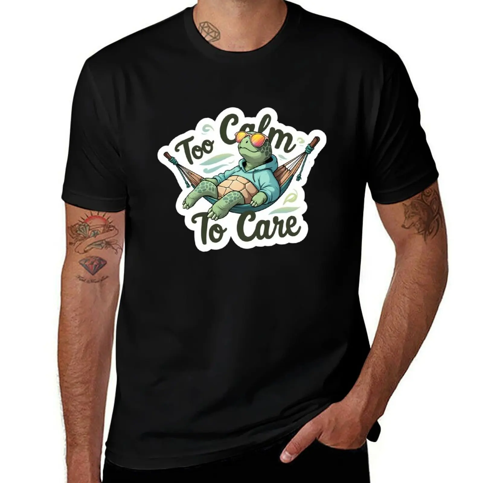 

Too Calm to Care — футболка с наклейкой Chill Turtle in Hammock, винтажные топы больших размеров, хлопковая футболка для мужчин
