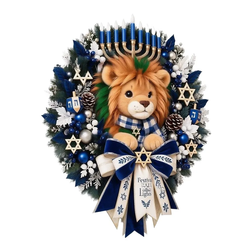 Charming Hanukkah Lion Wreath With Artificial Pine And Blue Berries Perfect= Holiday Wall Hanging For Home= And Party