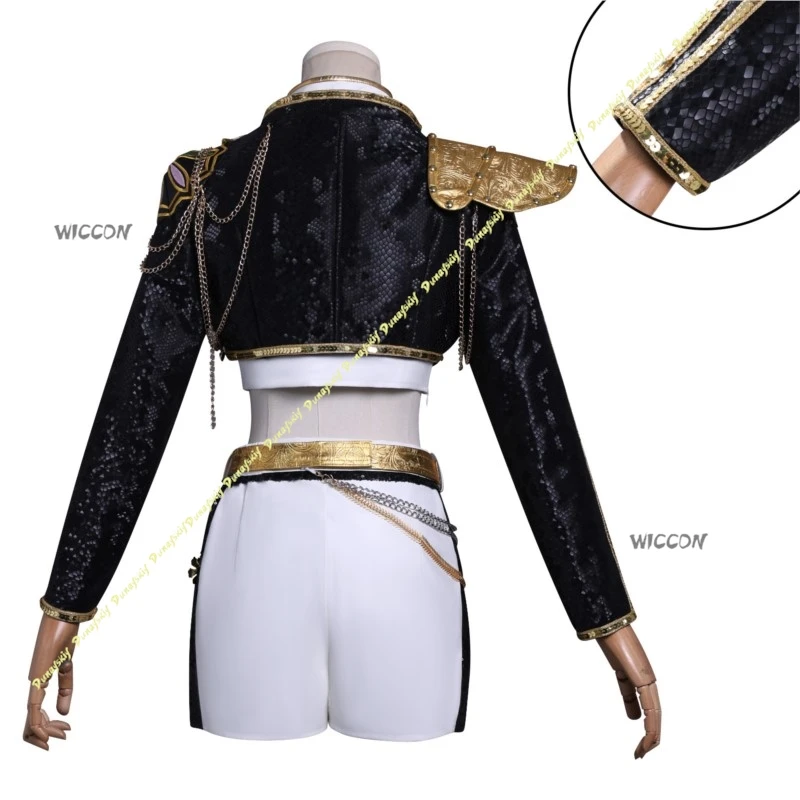 KPop Demon Hunters Costumi Cosplay Rumi Nero Abito da palcoscenico Cappotto Pantaloni Intimo Parrucca Accessorio Orecchino Cintura Natale Halloween