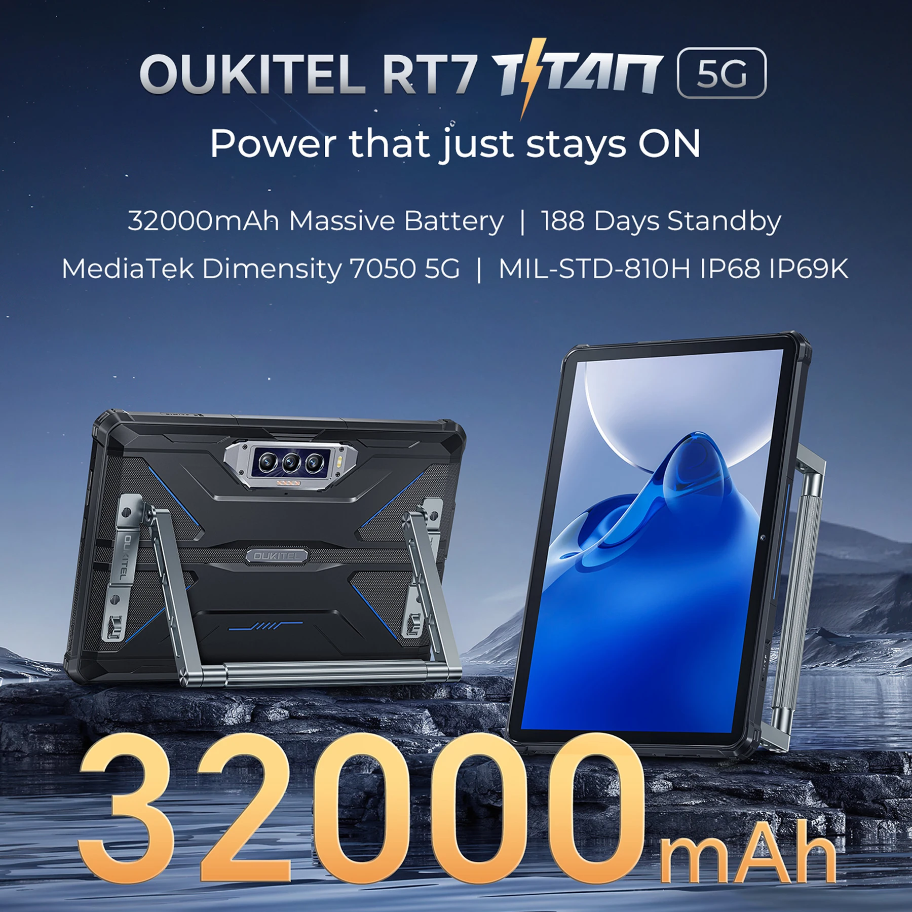 

OUKITEL RT7 5G TITAN Rugged Tablet, 10.1" FHD+ 32000mAh, 36GB(12+24)+512GB, 48MP+20MP 5G Outdoor Tablets PC Android 15, MTK 7050