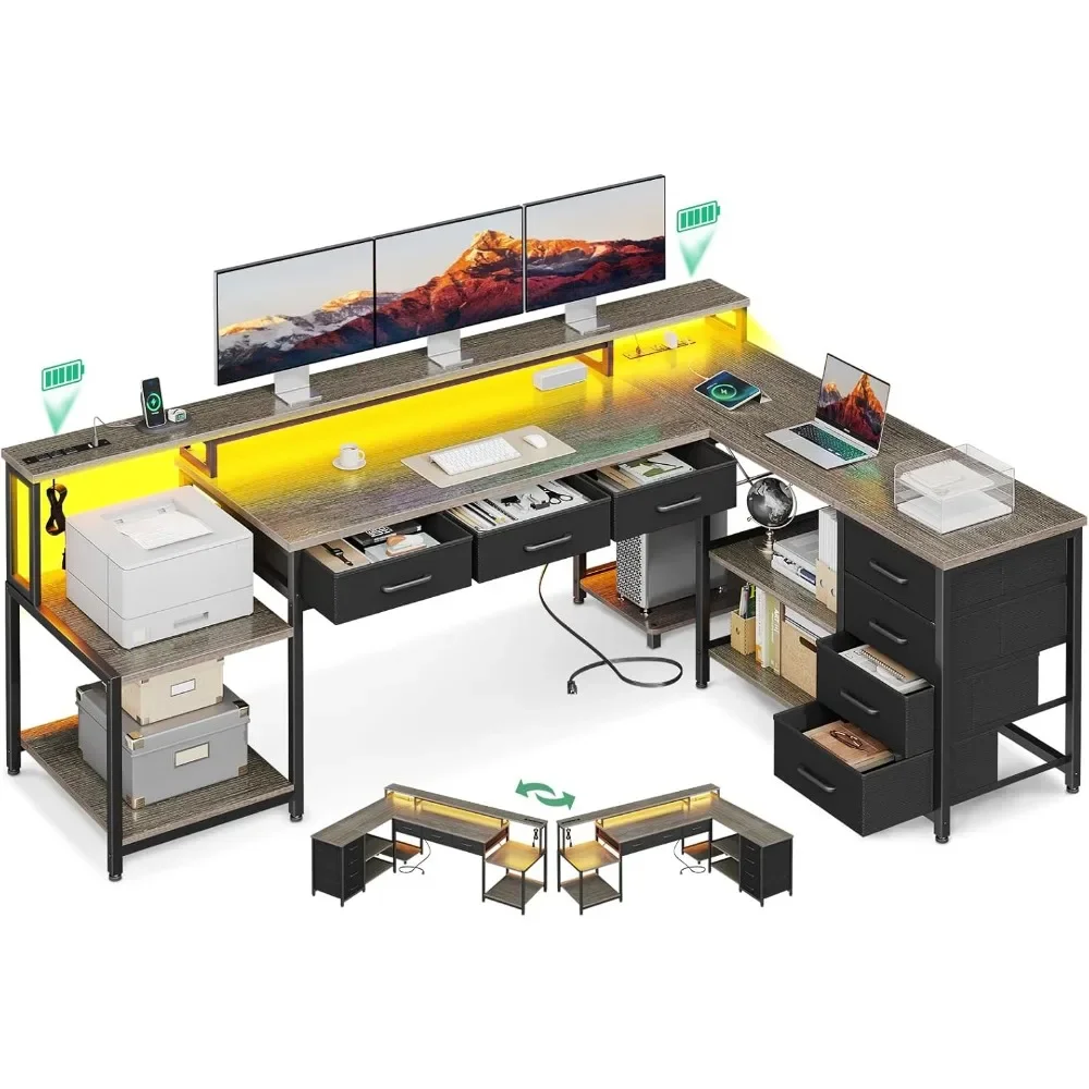 L Shaped Desk with 7 File Drawers, L Shaped Computer Desk with 2 Power Outlets & Monitor Shelf