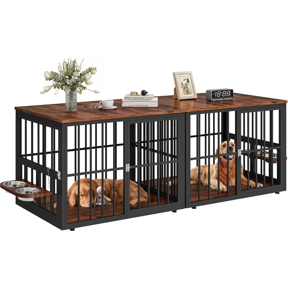 

Large Wooden Dog Crate with Bowls Triple Door Kennel TV Stand for Medium Big Dogs Brown