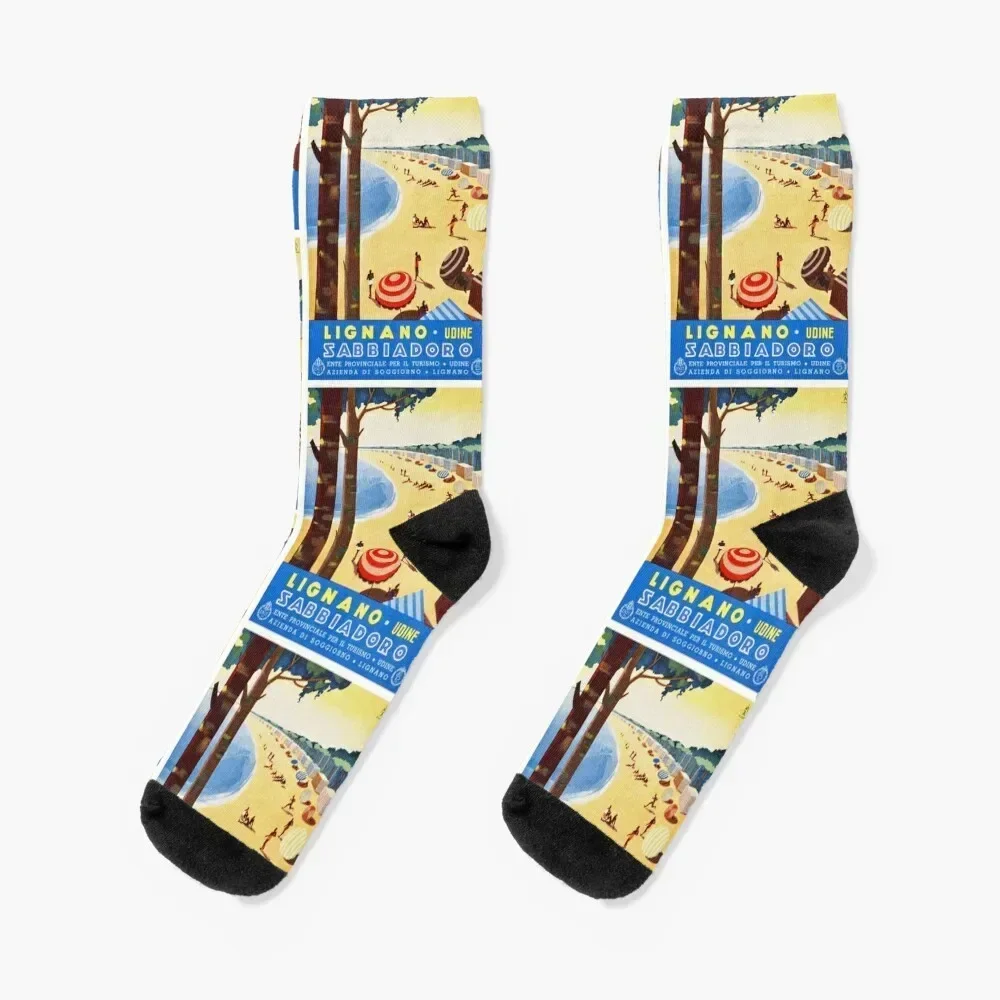 

Lignano Udine Sabbiadoro Italy Vintage Travel Poster Restored Socks Soccer hip hop Women's Socks Men's