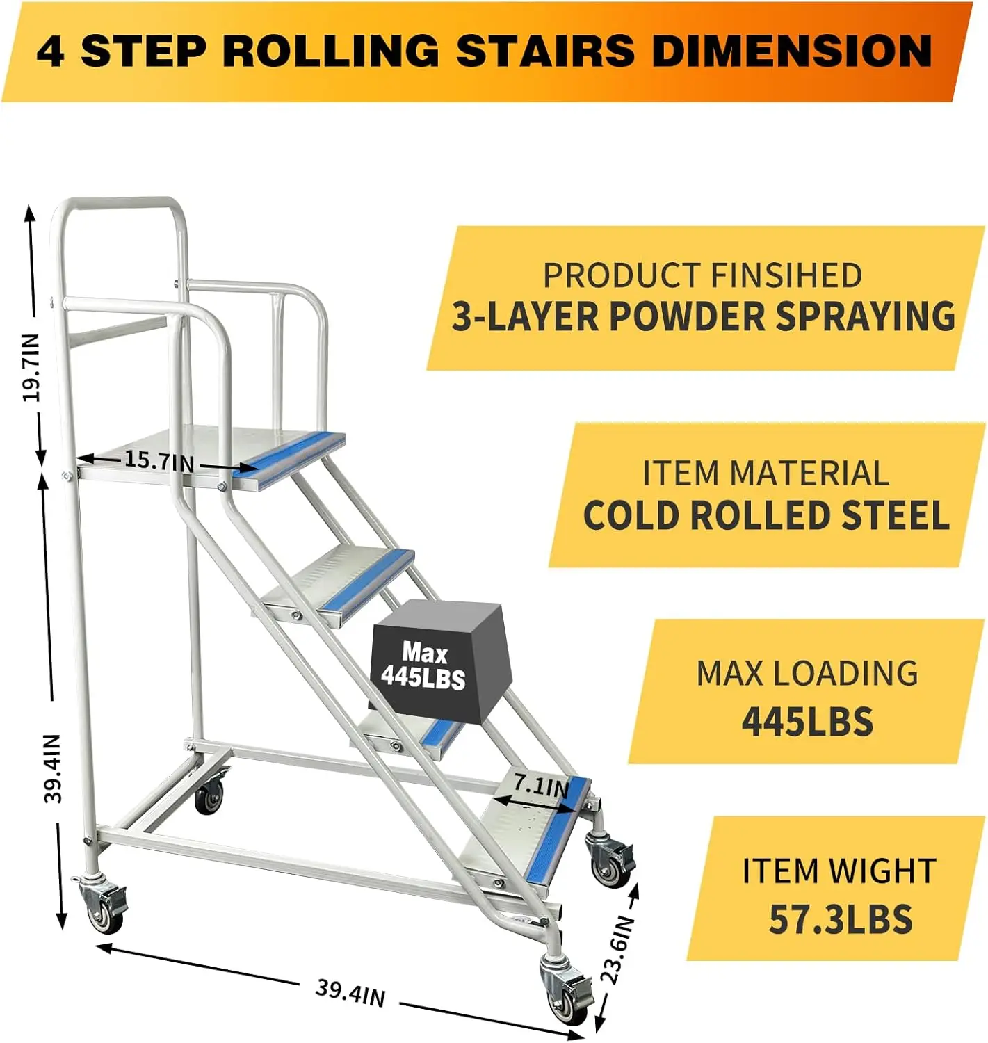 4 Step Rolling Stairs With Wheels, Industrial & Warehouse 4-Step Stairs, Non-Slip Rolling Steps With Stair Edge Protector, Easy