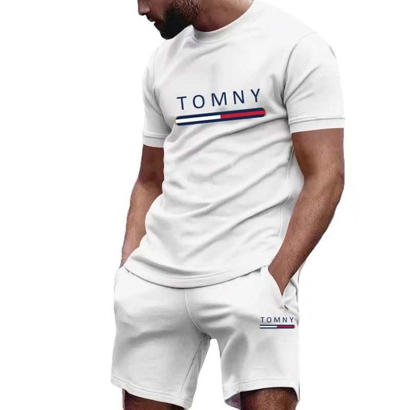 Outdoor Trendy Men's Suit Simple Letter Rose Patchwork Color Round Neck Short Sleeve Shorts Comfortable and breathable material image 3