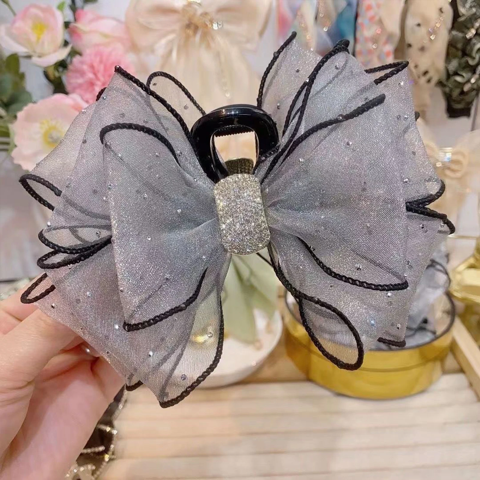 Trendige Strass-Haarklammer Elegante Schleifenknoten-Gaze-Haarspange Koreanischer Stil Schleifen-Haarklammer Exquisites Haar-Deko-Accessoire – Detail 4