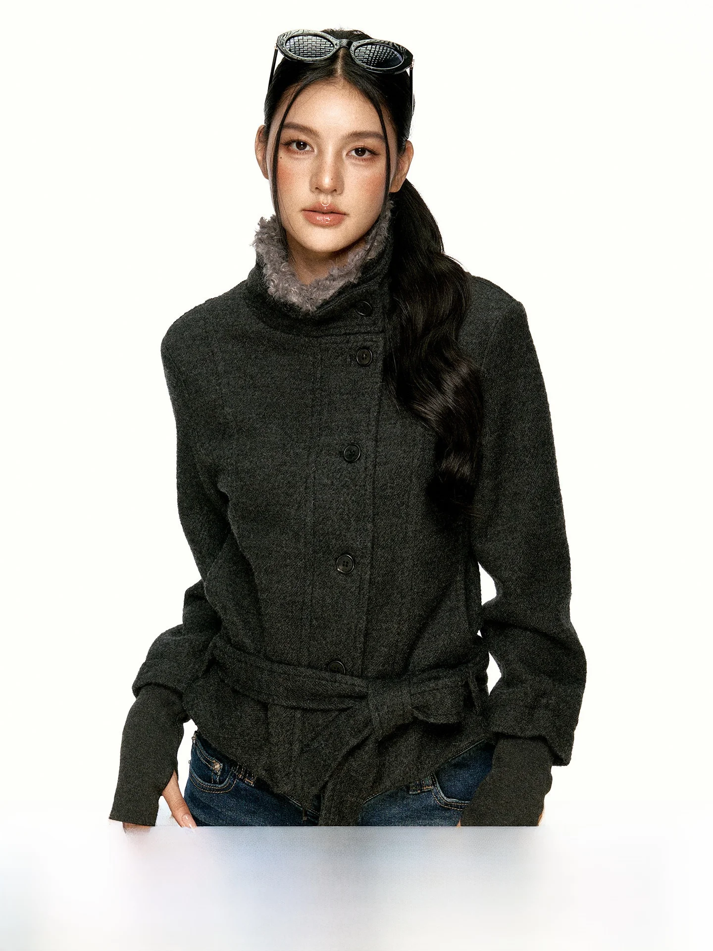 Aaisup American Style Short Jacket Women's Waist-Cinching Coat with Fur Collar And Tie Design Autumn Commute Stand Collar