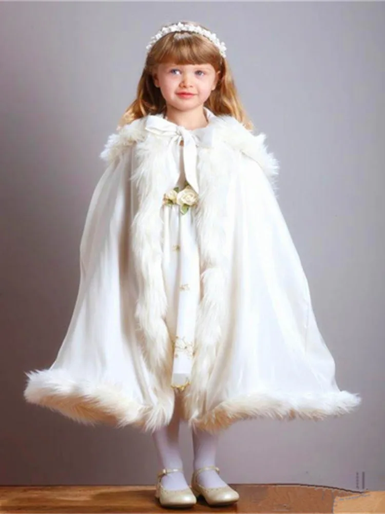 Elegant Top grade Girls Cape High Neck Wedding Cloaks Faux Fur Jacket For Winter thick Kids Flower Girl child Wedding cloak