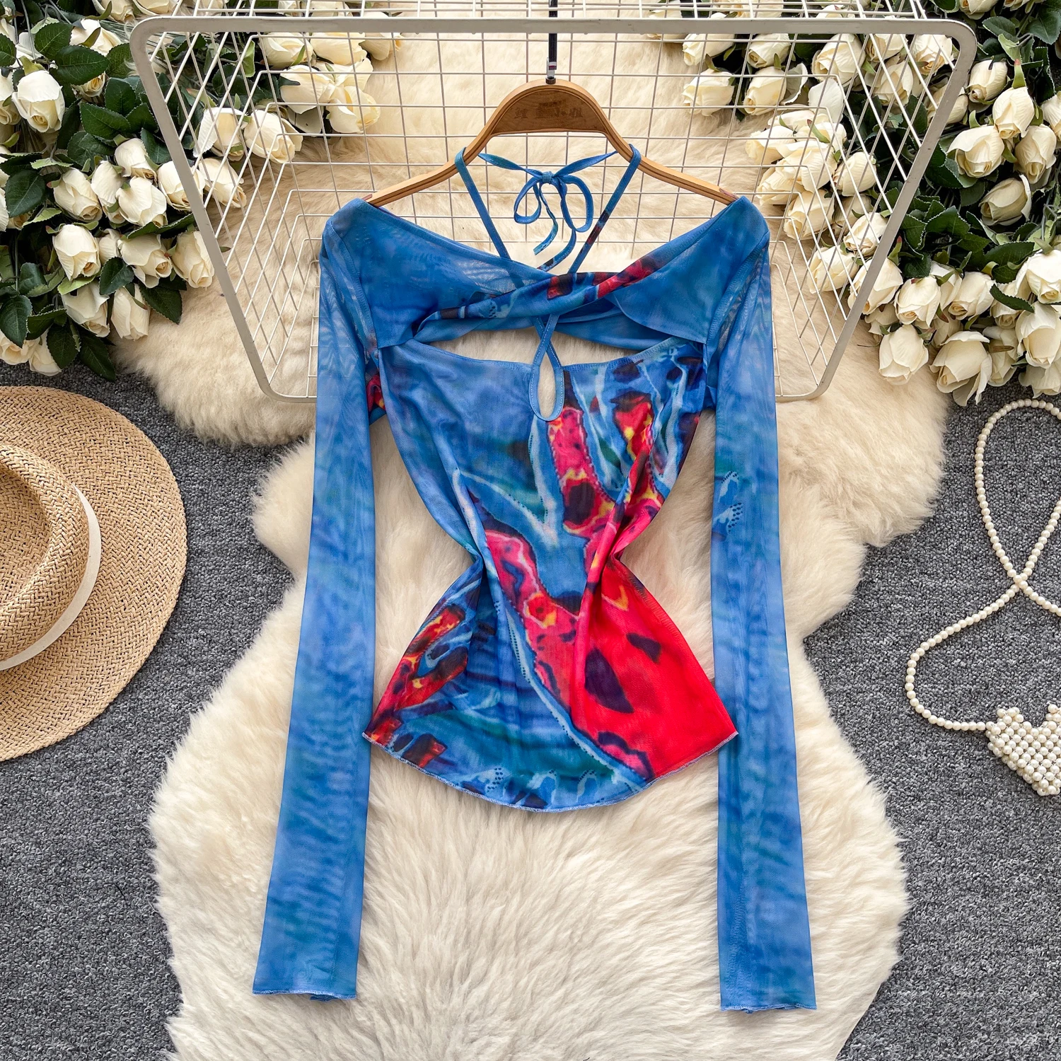 

Винтажная блузка с вырезом и принтом, свободная тонкая элегантная модная женская рубашка с длинными рукавами, женская одежда