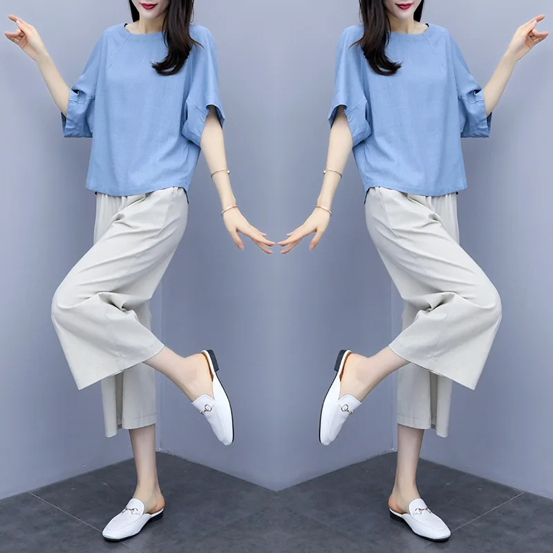 Ensemble 2 pièces en coton et lin pour femme, haut uni et pantalon large, tenue décontractée, nouvelle collection été 2024