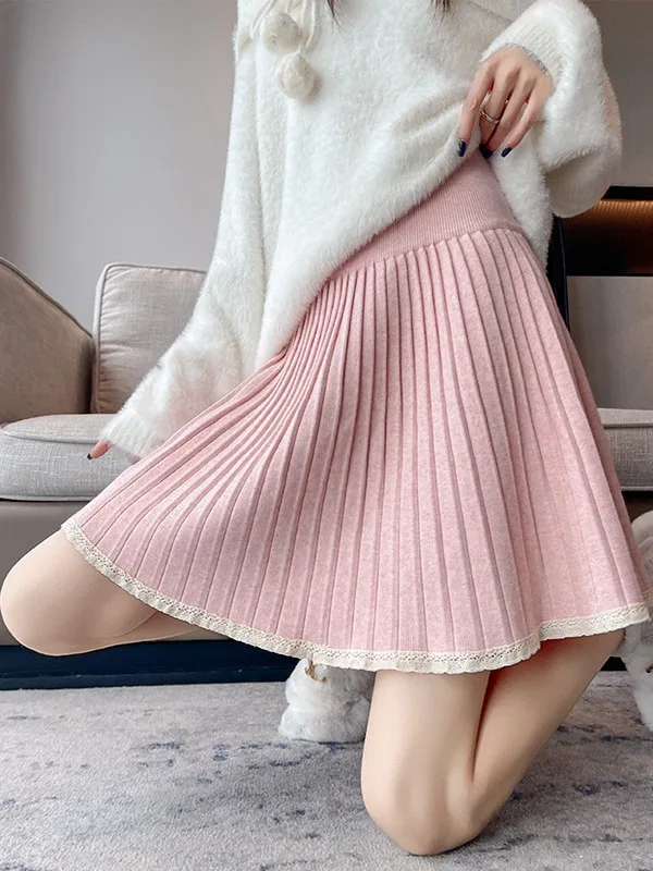 

Sweet Style High Waist Knitted Pleated Skirt Women's Spring Autumn Lace Trim A-Line Short Skirt Small Size Gentle