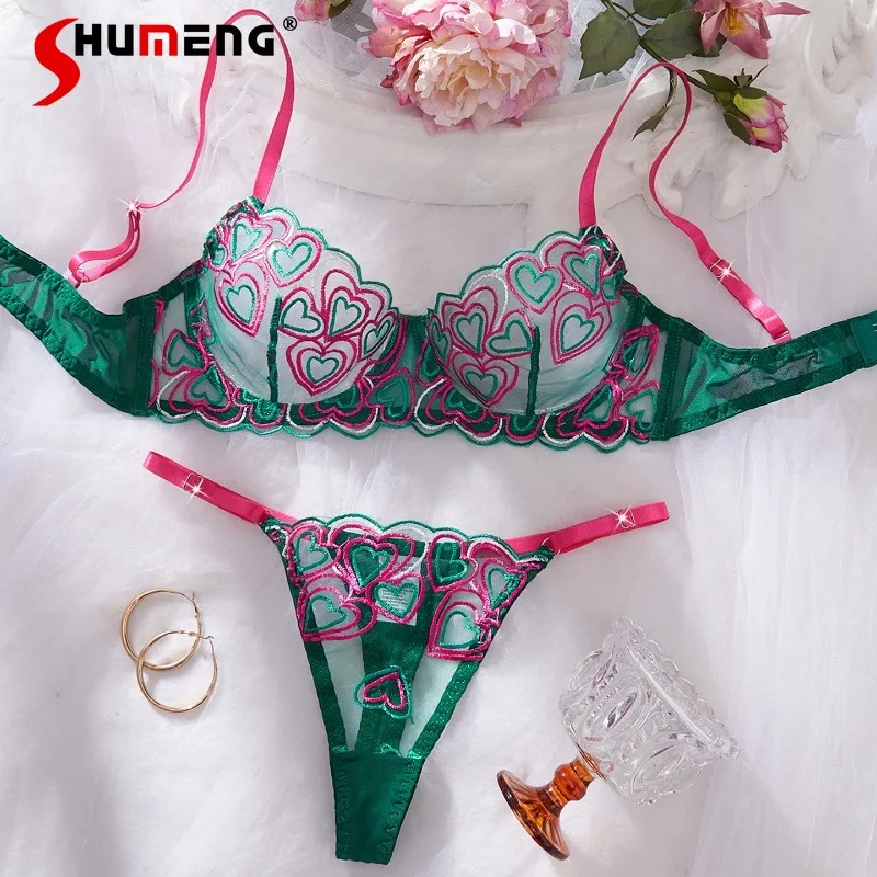 

Pure Desire Style Mesh Embroidery Bra Set Women's Underwire Sexy Lingerie Outfits Female Push Up Transparent Intimates Suits