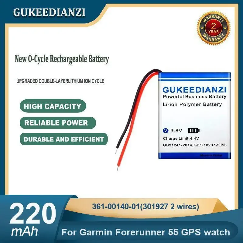 

High Capacity 220mAh 361-00140-01(301927 2 wires) Gps Watch Battery For Garmin Forerunner 55 GPS watch