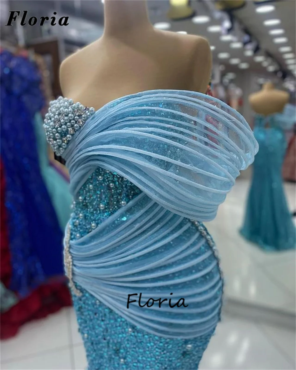 Vestidos de noite azul fora do ombro, Beading elegante, Festa de casamento, Dubai Mermaid Cocktail Dress, Mais novo, 2022, 2024