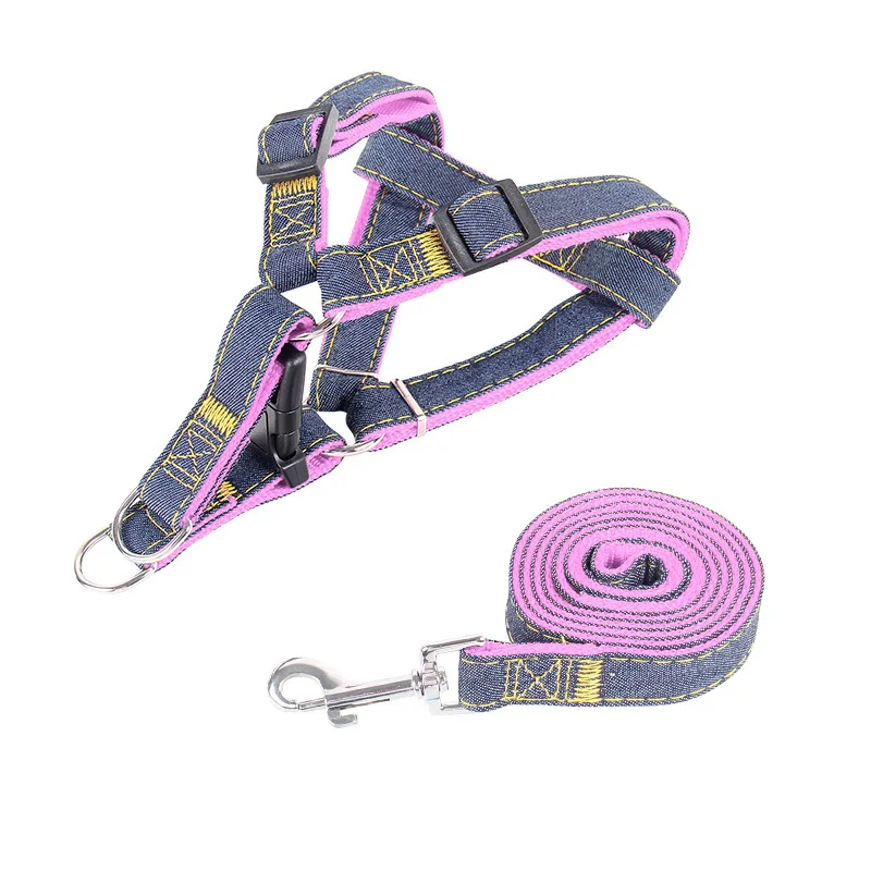 Durable Denim Dog Harness And Leash Vest Set For Pet Walking_voghion.com