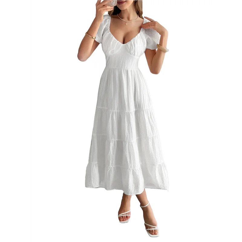 A09P Abito longuette casual estivo da donna Abiti gonfi a maniche corte con scollo a V e volant a strati