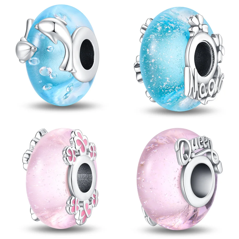 Silver Plated Blue Murano Glass Charms Beads Fit Original Bracelets Bag Keychain Charms Beads Pendant Diy Women Jewelry Gift