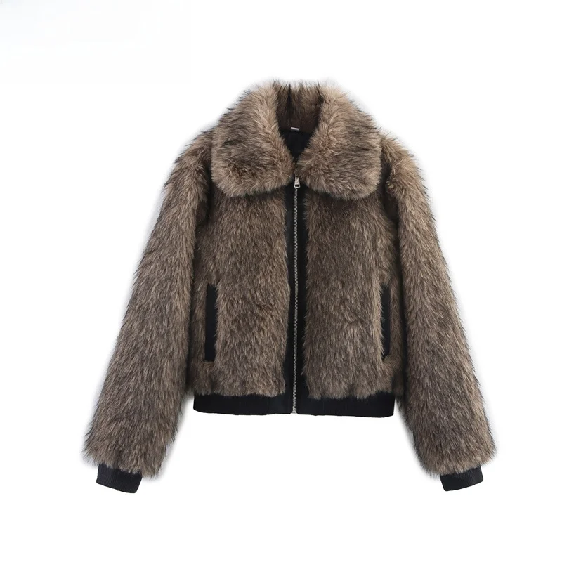 Faionable ZR Sle Women's Jaet Autumn Winter New Arrival Zipper Collar Color Blo Fur Leather Inteated ort Coat