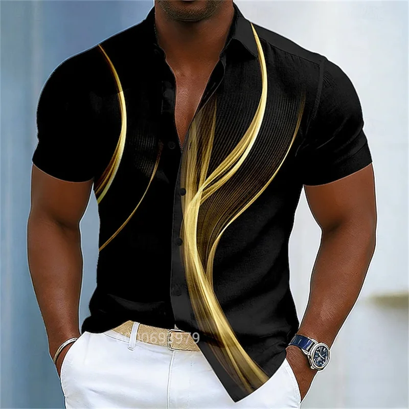 

Men's gradient line shirt, fashionable, casual, everyday, outdoor, vacation, spring/summer, lapel shirt, gold.
